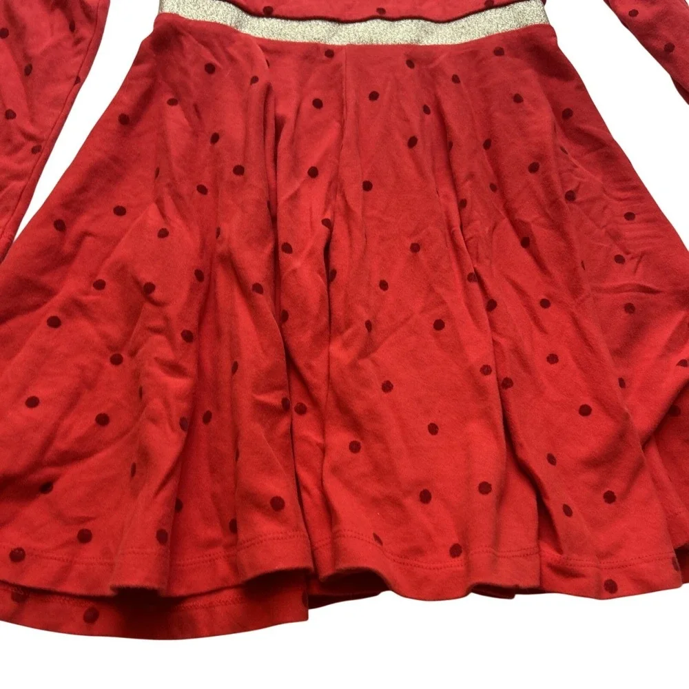 Mini Boden Girls Dress 8-9Y Red Polka Dotted Jersey Knit Party Ruffled Gold